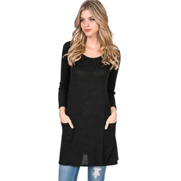 Twenty Ten Black Long Sleeve Brushed Hacci Tunic Top with Pockets TDR-265BH1 - Picture 1 of 4